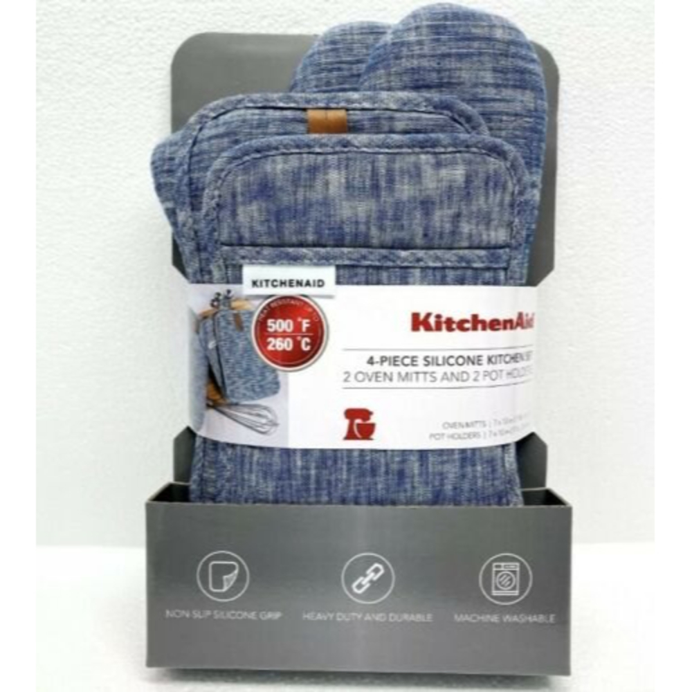 KitchenAid 4-Piece Non-Slip Silicone Kitchen Set 2 Oven Mitts+2 Pot Holders~Blue